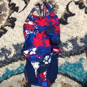 Red white and blue open back one piece bathing suit